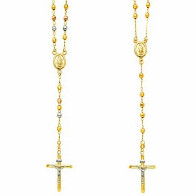 Colar de ouro maciço 14K 5 mm rosário Maria crucifixo Jesus cruz 26" Rosário Oro - Imagem 1 de 4