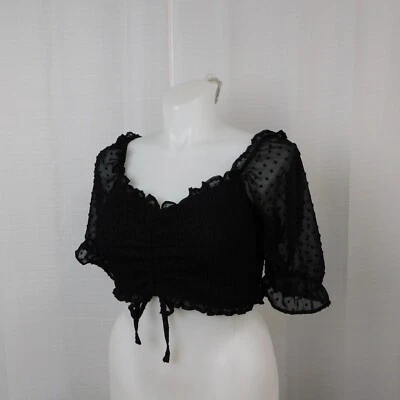 Rue 21 Cropped Polka Dot Puff Sleeve Ruched Chiffon Tie-Front Top XL, Black #180 - Image 1 of 4
