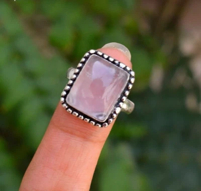 Rosa Quarzo Cabochon Anello 925 Argento Sterling Rilascio Stress Artigianale - Immagine 1 di 4
