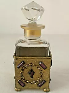 Antique Empire Art Gold Glass Perfume Bottle With Jeweled Brass Holder - Picture 1 of 10