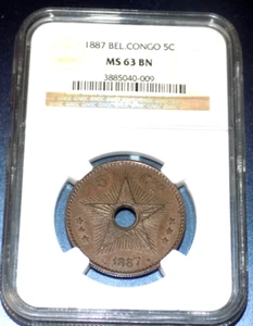 1887 MS63 BN 5C Congo Free State 5 Centimes NGC Belgian KM 3 UNC CERTIFIED COIN - Picture 1 of 4