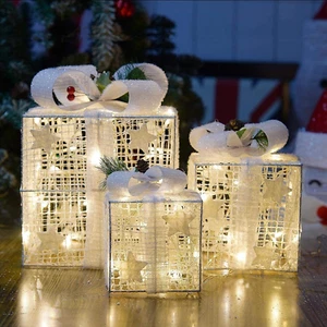 Set of 3 Christmas Lighted White Silver Gift Boxes Decor Yard Home - Picture 1 of 12