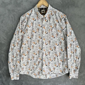 Pretty Green Shirt Men's Large Slim Fit Floral Botanic Long Sleeve White Orange - Picture 1 of 13