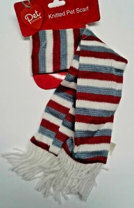 DanDee Pet Scarf New Stripes knitted fringe white red blue Dog Cat clothing - Picture 1 of 3