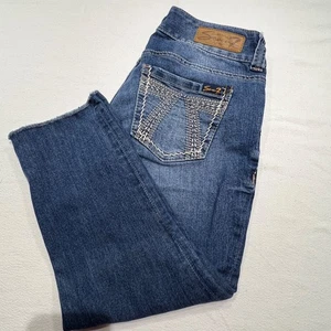 Seven7 Cropped Jeans Sz 8 Dark Wash Stretch Mid Rise Stretch Frayed Hem - Picture 1 of 9