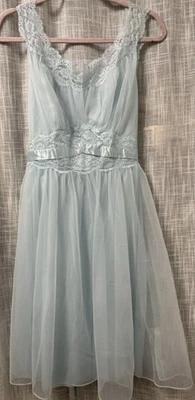 Vanity Fair Vintage 1960s Sheer Nylon & Blue Lace Peignoir Gown Robe Set  Sz 36 - Image 1 of 4