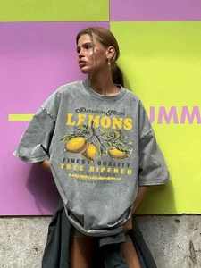 Vintage Zitronen Print T-Shirt Unisex Oversized Tee Obst Grafik Sommer Top - Bild 1 von 13