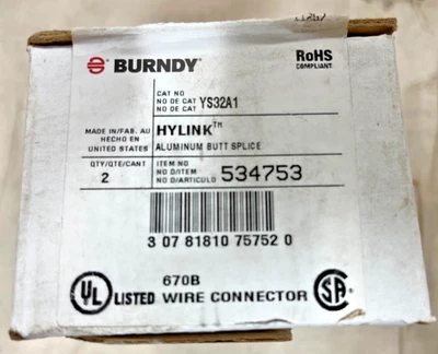 Box of (2) Burndy YS32A1 Hylug 400 MCM AL Compression Butt Splice - Image 1 of 3