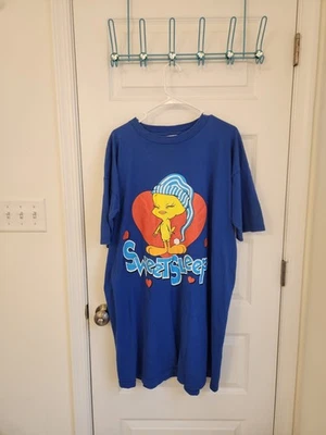 Vtg 1997 Tweety Bird Looney Tunes Warner One Size Long Pajama Shirt Blue #Q335 - Image 1 of 4