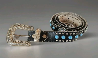 Cinturón BHW Mujer XL Bling Tachonado Turquesa Estrás Western Cuero Genuino 43 Foto 1 de 4