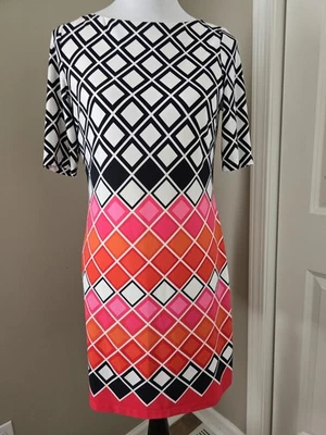 Eliza J Shift Dress Multicolor Geometric Boat Neck 3/4 Sleeve Lined 6P back zip. - Image 1 of 4