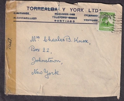 Chile 1941 Censor da Segunda Guerra Mundial 7627 capa Santiago a Knox Gelatina Johnstown NY - Imagem 1 de 2
