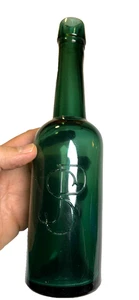 Antique JSP Medicinal Malt Bottle Emerald Green Applied Glass Monogram New York - Picture 1 of 19