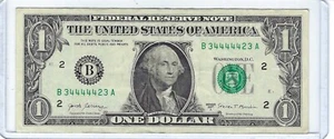 Fancy Serial Number 1 Dollar Bill Note TRINARY SOLID 5 of a kind 4s B34444423A - Picture 1 of 3