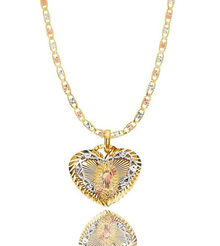Ciondolo religioso in oro 14 kt con cuore Vergine Maria Guadalupe catena Valentino