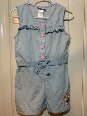 LITTLE LASS Niñas Denim 1 Pieza Pantalones Cortos Mono Mameluco Talla 4 Bordado Flor Foto 1 de 4