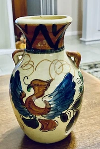 VINTAGE FLORAL POTTERY VASE HANDLED CRACKLE GLAZE MADE IN JAPAN 6.5" - Picture 1 of 11