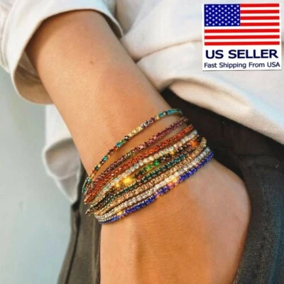 Fashion Women Crystal Stretchy Bracelet Colorful Wrist Bling Tassel Chain 0943 - Image 1 of 4
