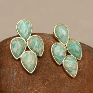 Natural Green Peru Amazonite Stud Gems Earrings Retro Gold Plated Gemstone Gifts - Picture 1 of 8