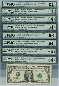 Fr. 1911-C $1 1981 FRN Philadelphia 8 Consec. 64EPQ-65EPQ PMG DC-1865 - Picture 1 of 2