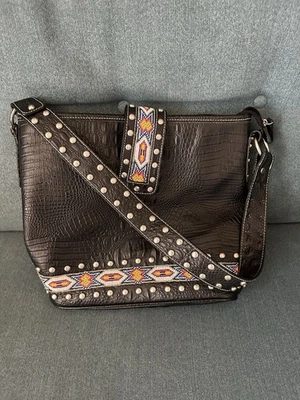 Bolso de Mano Western Blazin Roxx Cuentas Negro Plata Tachonado Cuero Cierre con Cremallera Foto 1 de 4