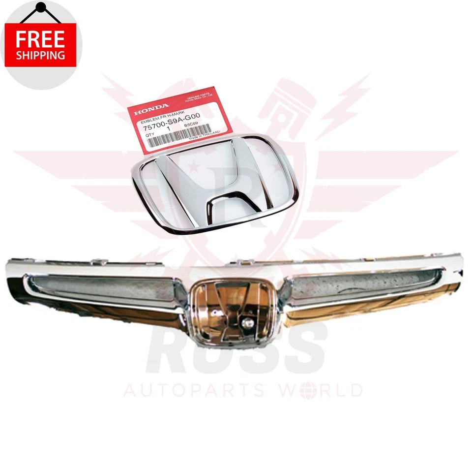 New Front All Chrome Grille With Emblem Set 2PC Fits 2003 2004 2005 Honda Accord - Image 1 of 4