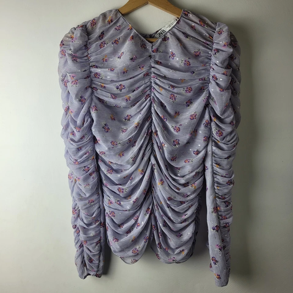 Zara Women Size M Purple Floral Print Sheer Ruched Blouse Top Casual Summer - Image 1 of 4