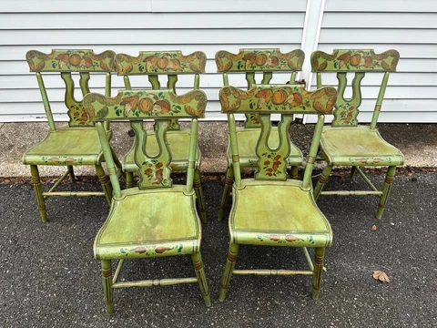 fine signed lancaster county paint decorated bootjack back plank seat chairs six Cover