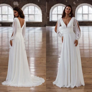 Elegant Wedding Bridal Dress V Neck Long Sleeves Backless A Line Ruche Train - Picture 1 of 12