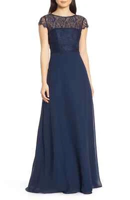 NEW HAYLEY PAIGE OCCASIONS Lace Bodice Chiffon Evening GOWN SIZE 4 $300 INDIGO - Image 1 of 3