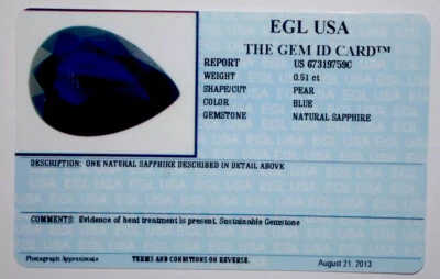EGL USA TESTED&CERTIFIED NATURAL PEAR CUT BLUE SAPPHIRE 0.51CT. - Image 1 of 3