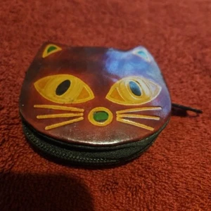 Portamonete gatto vintage in pelle - quadrato circa 3" - ottime condizioni per l'età - Foto 1 di 4
