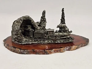 Pewter Train in Tunnel on Polished Geode Gemstone Slice 5"x3.75" - Picture 1 of 12