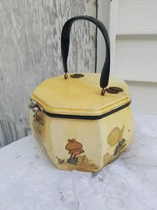 Vtg Decoupage Wooden Purse 60s Holly Hobbie Mirror Octagon Shape Purse Box Wood - Picture 1 of 13