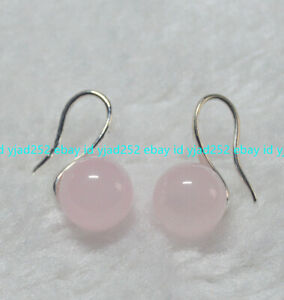 10mm Natural Pink Rose Quartz Round Gemstone Beads Silver Hook Earrings