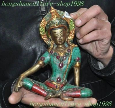Estatua de Buda Tara Kwan-Yin GuanYin con incrustación de plata Tíbet de 7,2" antigua Foto 1 de 4