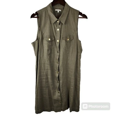 女式亚麻无袖纽扣衬衫连衣裙橄榄绿色 L 实用-Chic Safari  — 第 1/4 张图片