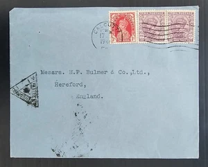 1941 India Censor Cover ties 3 stamps cd Calcutta-Hereford - Picture 1 of 2