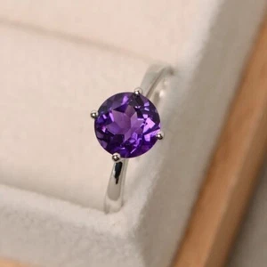 1.00Ct Round Cut Simulated Amethyst Women's Wedding Ring 14k White Gold Plated - Picture 1 of 8