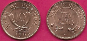 UGANDA 10 CENTS 1968 UNC FOUR CROSSED TUSKS WITHIN CIRCLE,VALUE WITHIN CIRCULAR - Picture 1 of 1