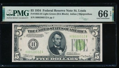 AC 1934 $5 Saint Louis FRN PMG 66 EPQ LGS Light Green Seal Fr 1955-H gem TOP POP - Image 1 of 2