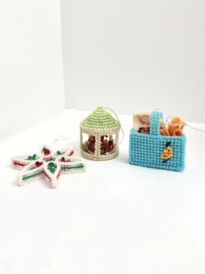 Vintage Christmas Plastic Canvas Cross Stitch 1970's Kitsch Handmade Ornaments - Image 1 of 4