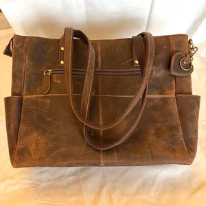 Vintage S-Zone Distressed Genuine Cowhide Leather Tote Shoulder Laptop Bag Brown - Picture 1 of 17