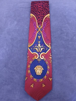 Corbata vintage Gianni Versace años 90 dorada Medusa rojo profundo azul marino 100 % seda Foto 1 de 4