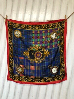 Foulard carré 90cm Vintage Tartan et Montres à gousset Cadeau pour Femme FO454 - Photo 1/4