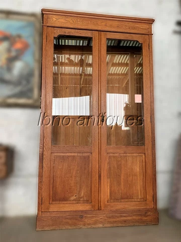 1940s EUROPEAN SOLID OAK TWO GLASS DOOR BOOKSHELF /CABINET/ LP STORAGE. 80" H Cover