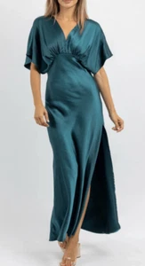 Dress Forum Womens Bat Wing Sleeve Satin Maxi Dress Deep Jasper Size Small NWT - Picture 1 of 13