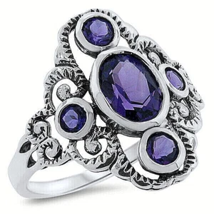 GENUINE AMETHYST 925 SOLID STERLING SILVER ANTIQUE STYLE FILIGREE RING 564Z - Picture 1 of 3