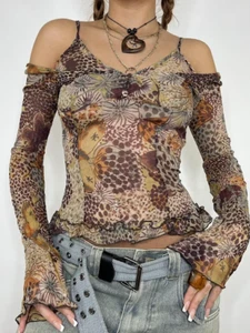 y2k Grunge Mesh T-shirt Off Shoulder Vintage Print Crop Top Casual Long Sleeve - Picture 1 of 15