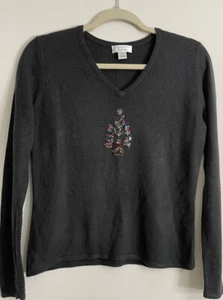 Christopher Banks Christmas Sweater Black Sequins Beads Tree Knit Top Sz Small - Picture 1 of 12